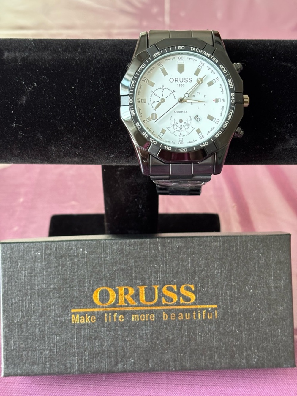 Mens Oruss 1853 Round Black Tone White Bezel Date Analog Quartz Watch NEW!